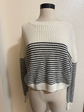 Garage White and Black Striped Crewneck Sweater